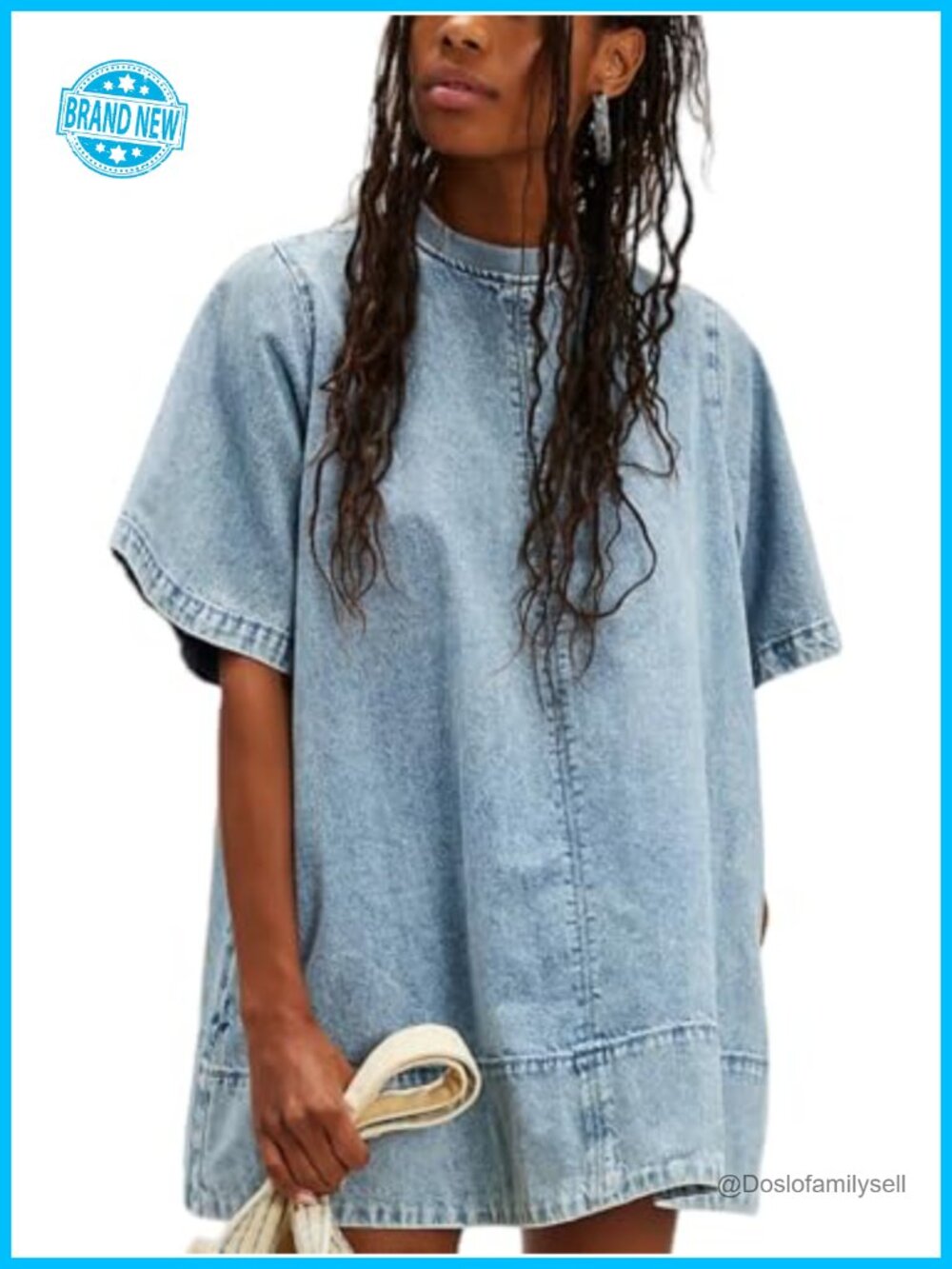 Womens Short Sleeve Mini Denim Dress Crew Neck A-Line Cotton
